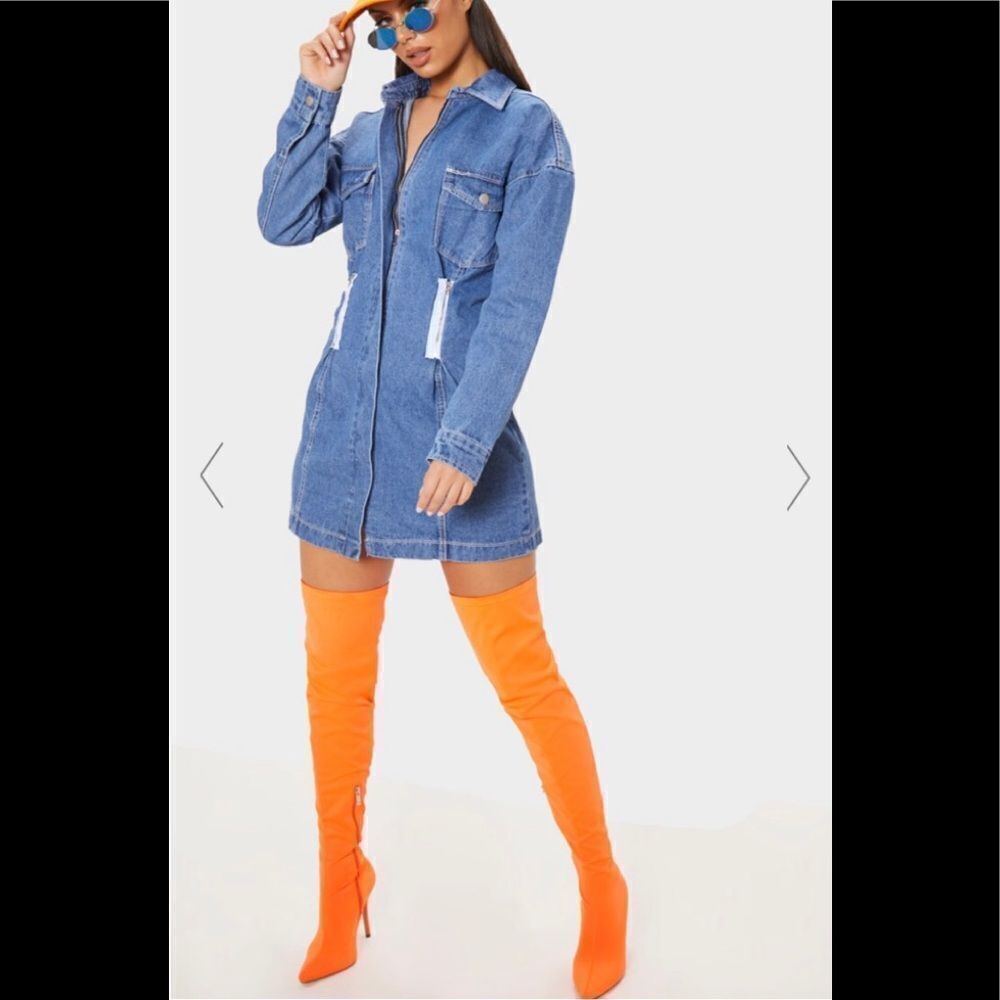 NEW PrettyLittleThing mid wash utility contrast stitch zip denim mini dress 4